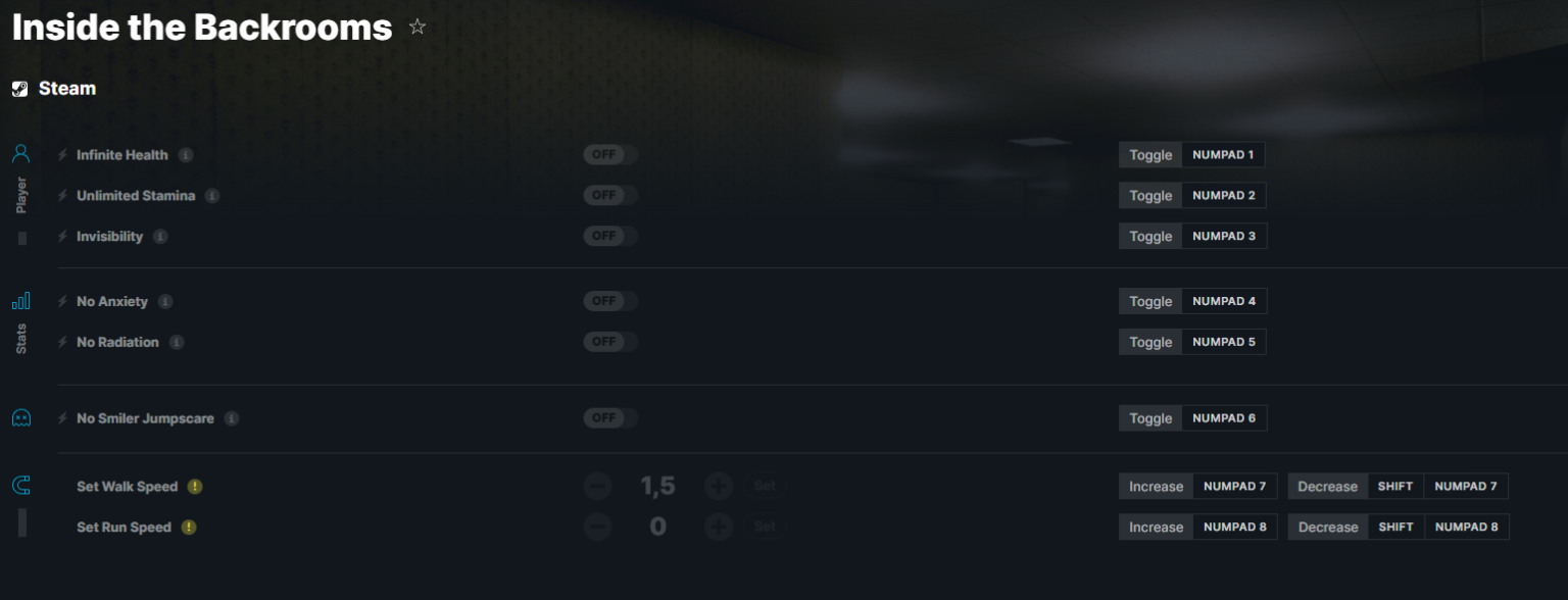 Inside the Backrooms Cheats, Trainers, Codes Games Manuals